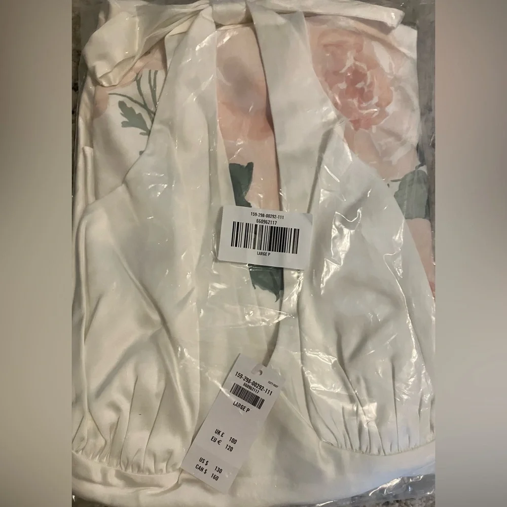 A&F Julia Slip Halter Maxi Dress: White Satin w/ Pale Pink Flowers/Size Petite L